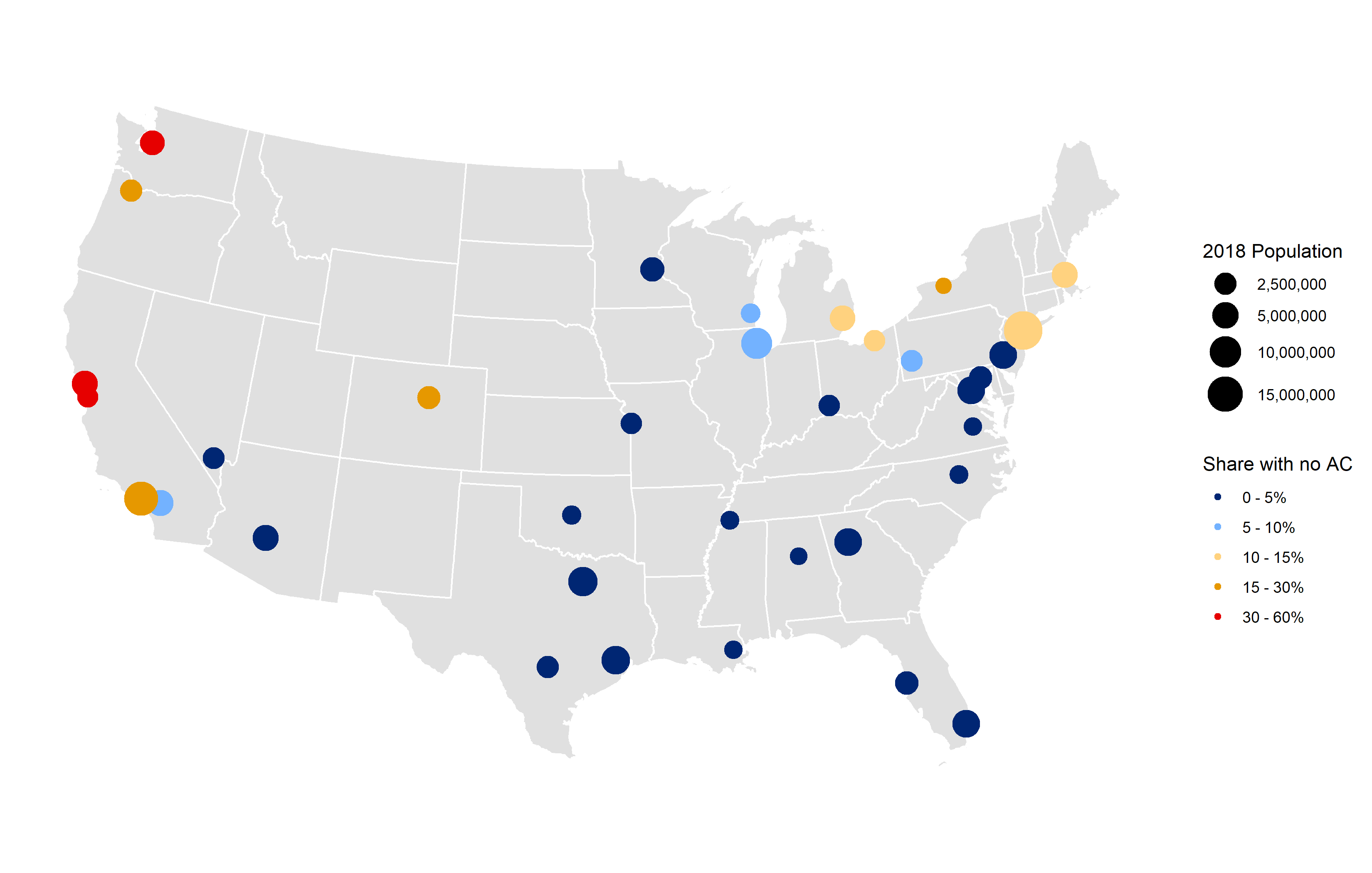 US map with colored dots for AC access prevelance